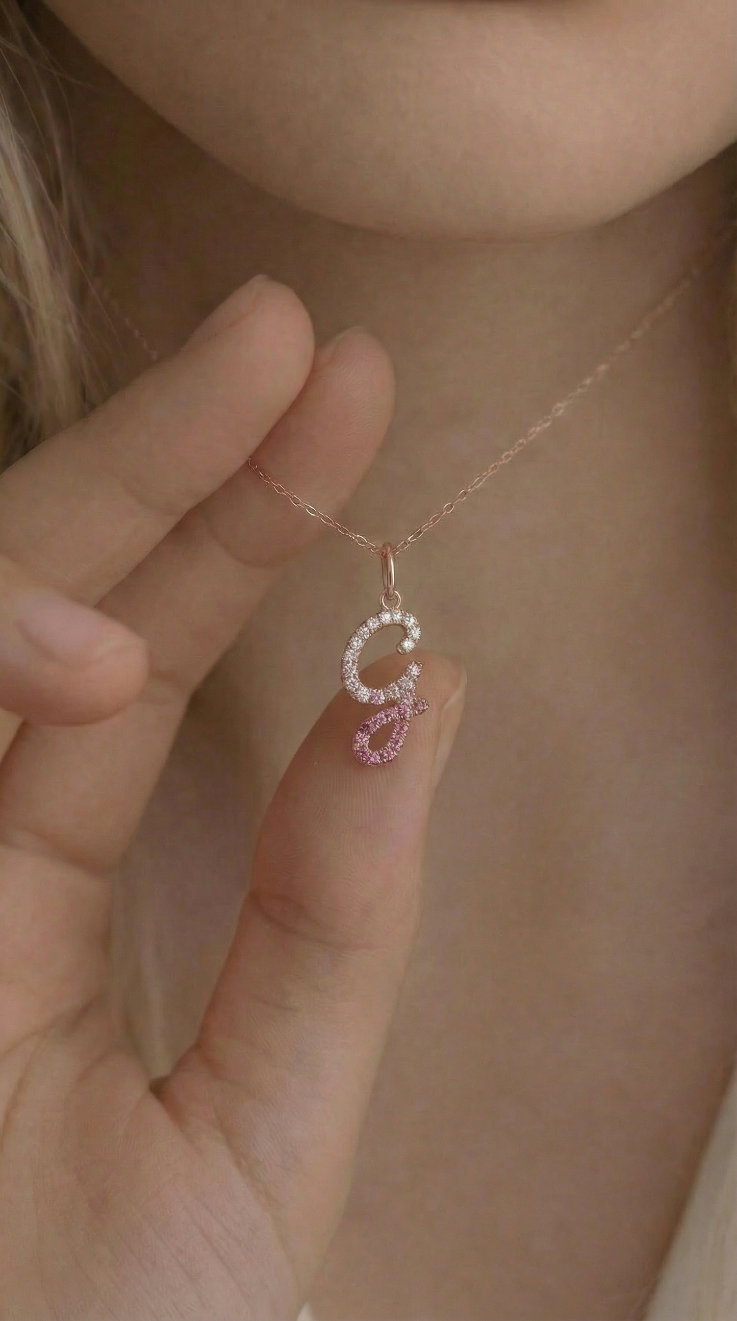 Letter G Orosa Script Initial Pendant — Pink Sapphire & Diamond