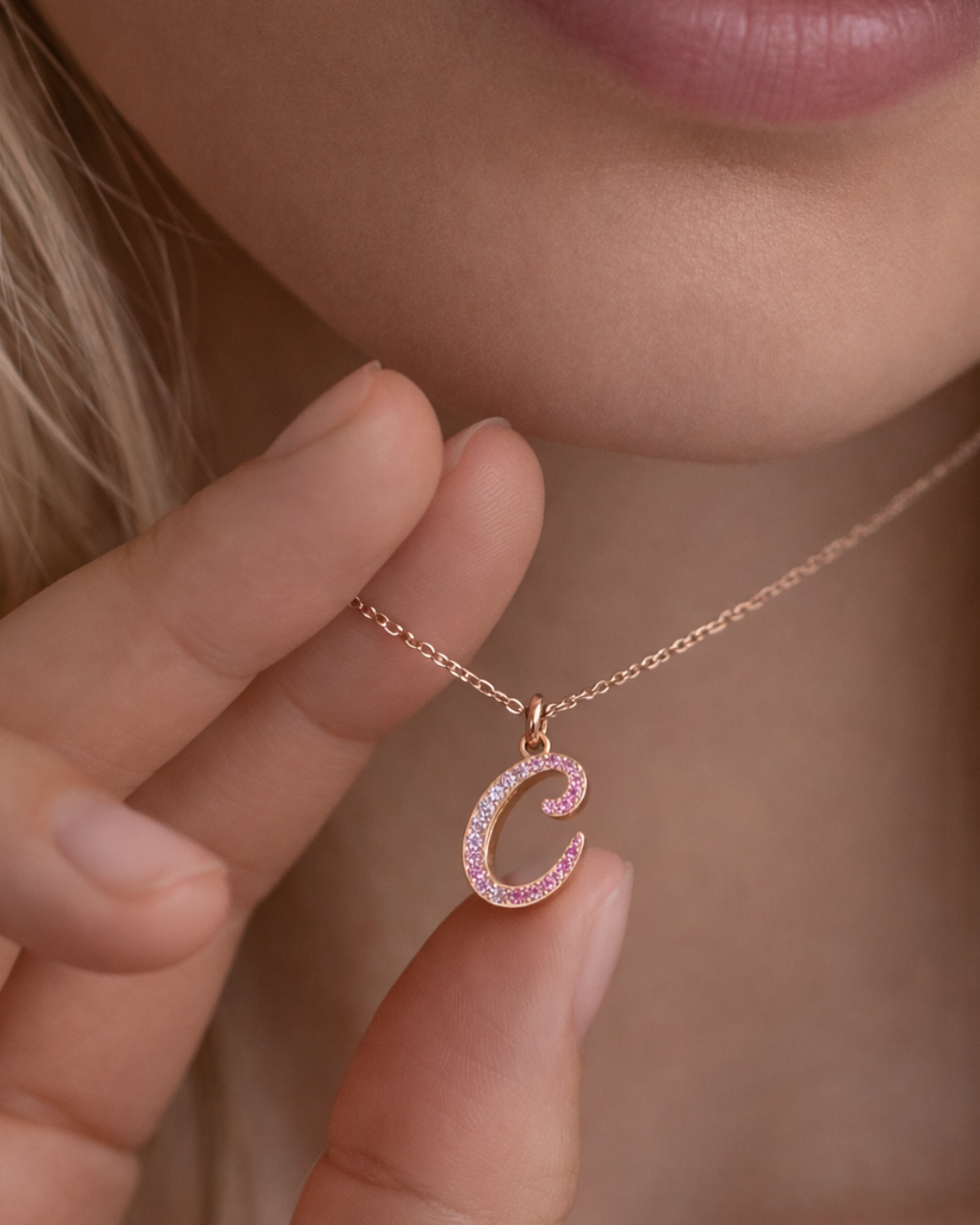 Letter C Orosa Script Initial Pendant — Pink Sapphire & Diamond