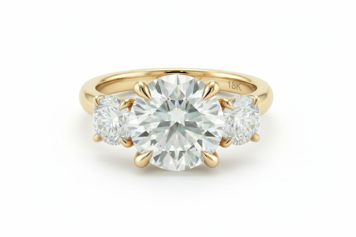 Gold ring with a large central diamond and two smaller diamonds on a light background