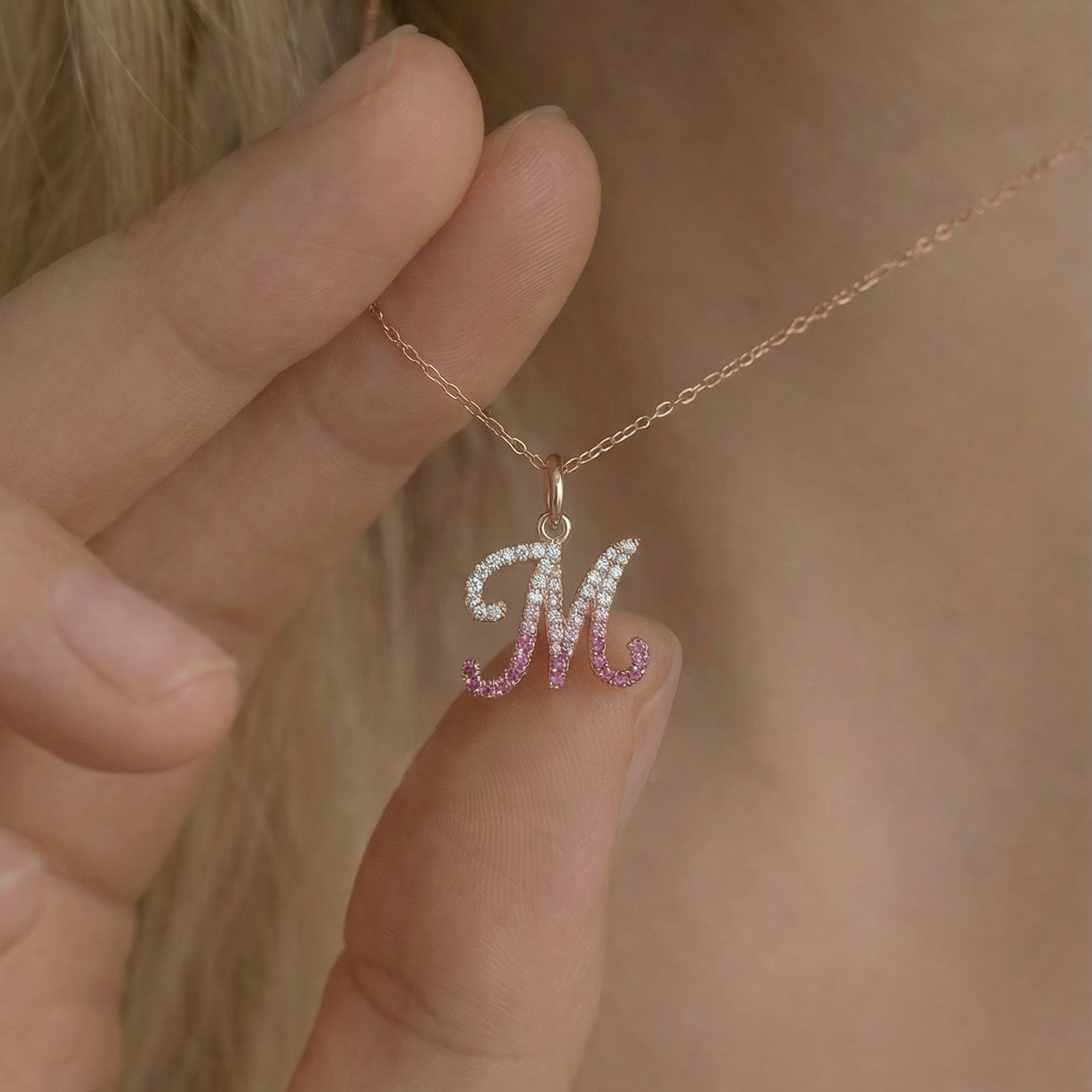 Letter M Orosa Script Initial Pendant — Pink Sapphire & Diamond