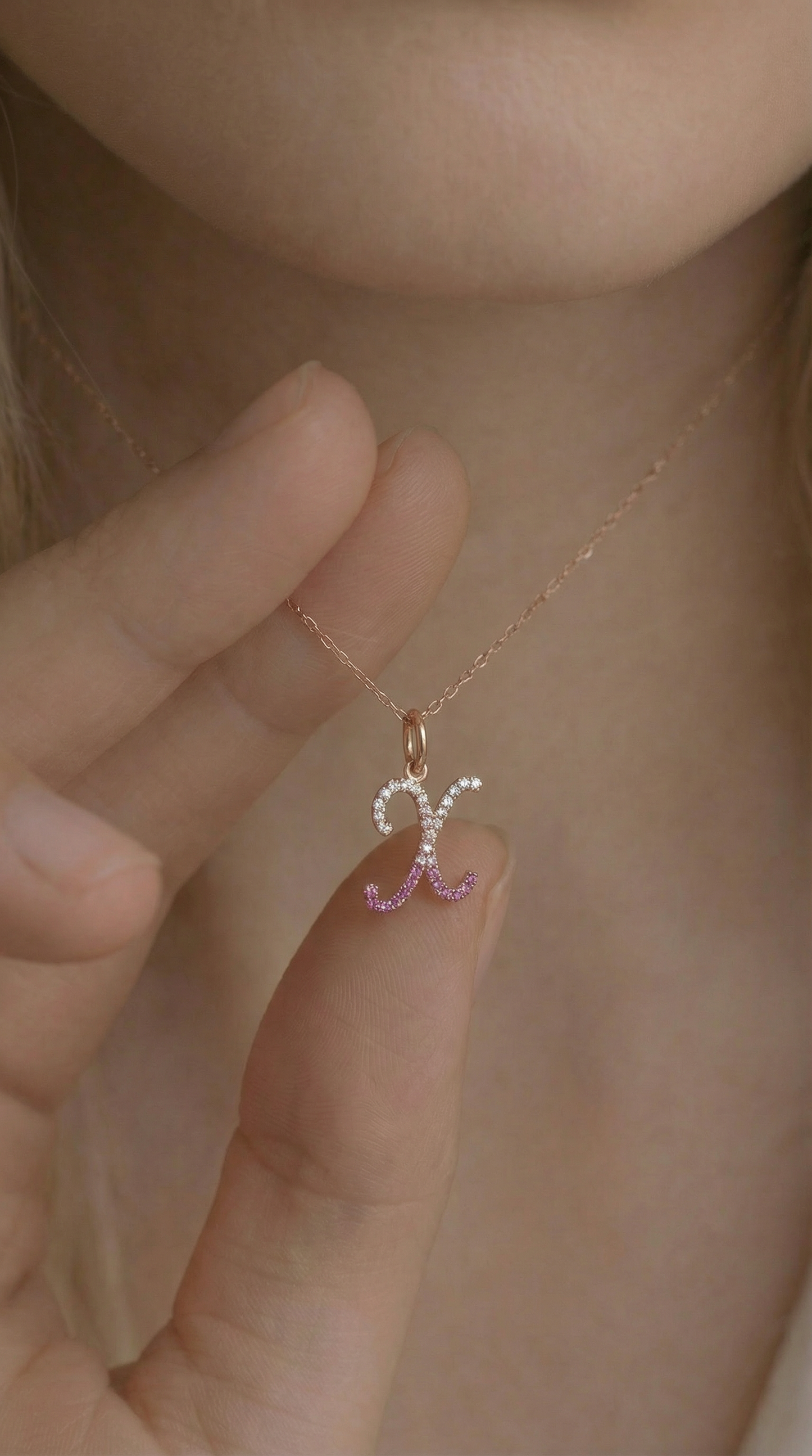 Letter X Orosa Script Initial Pendant — Pink Sapphire & Diamond