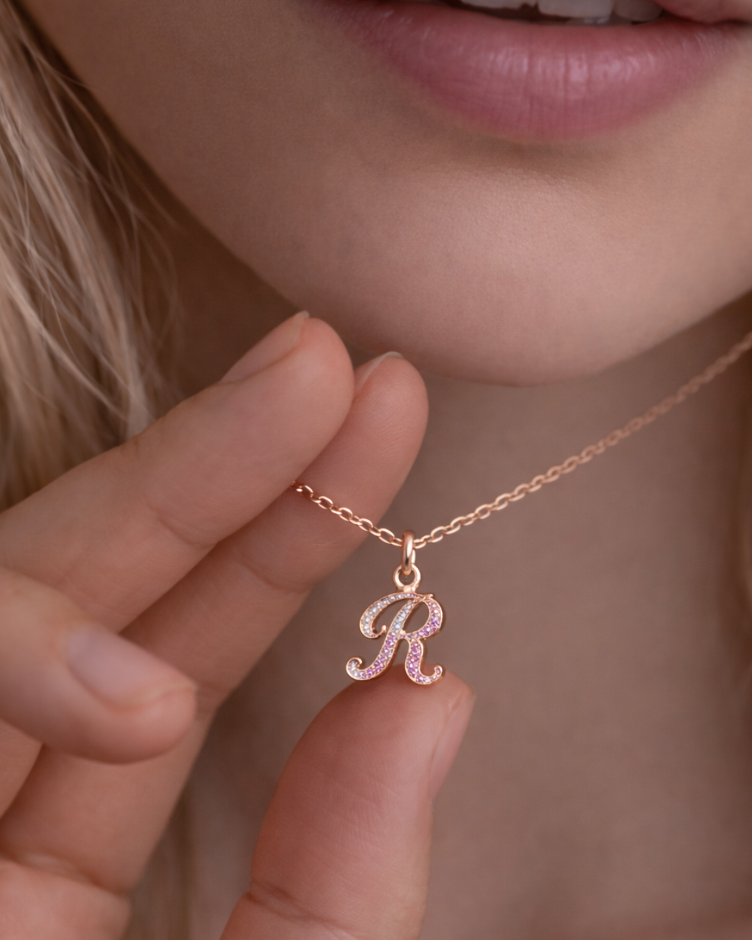 Letter R Orosa Script Initial Pendant — Pink Sapphire & Diamond