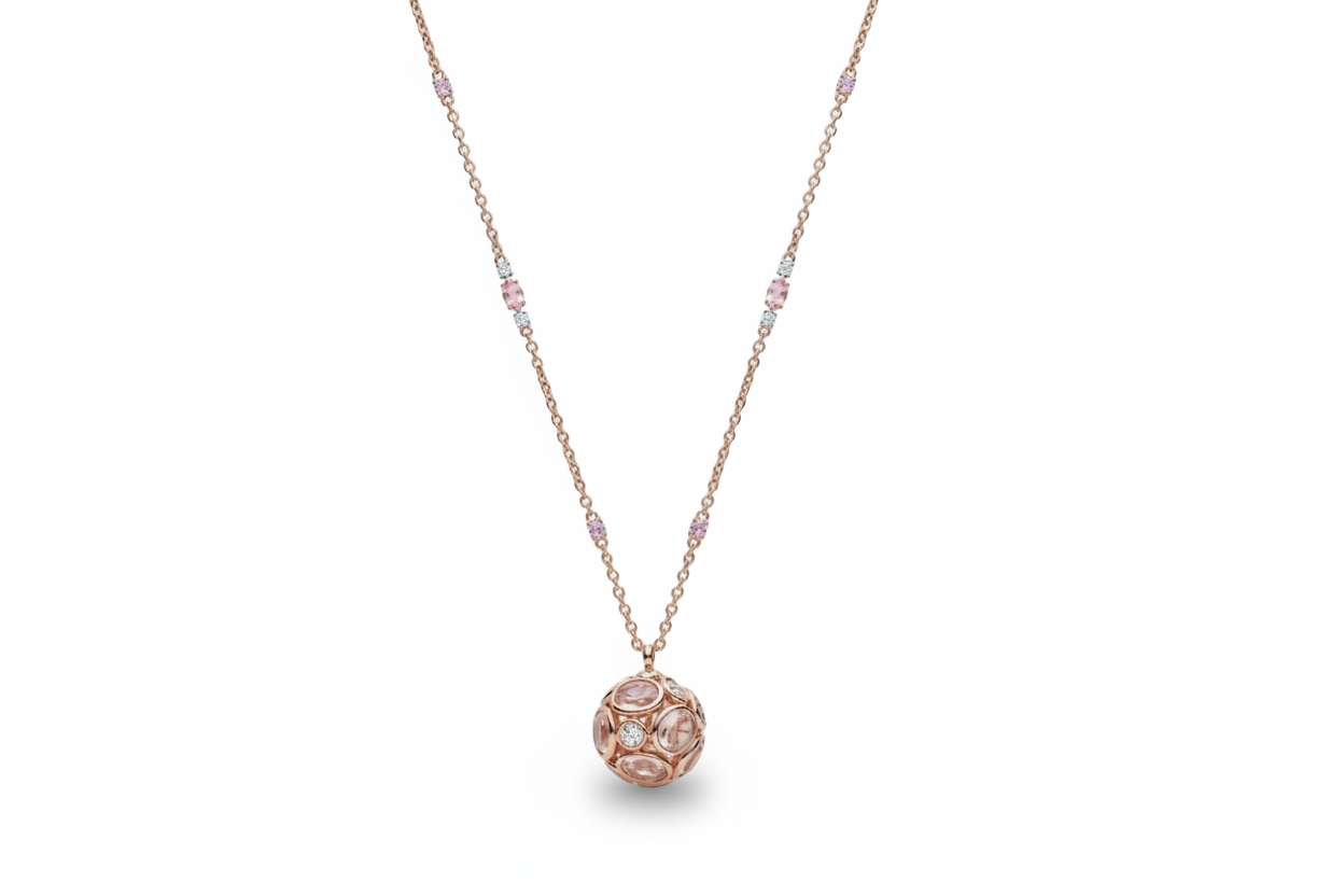 Necklace with a pink gemstone pendant on a white background