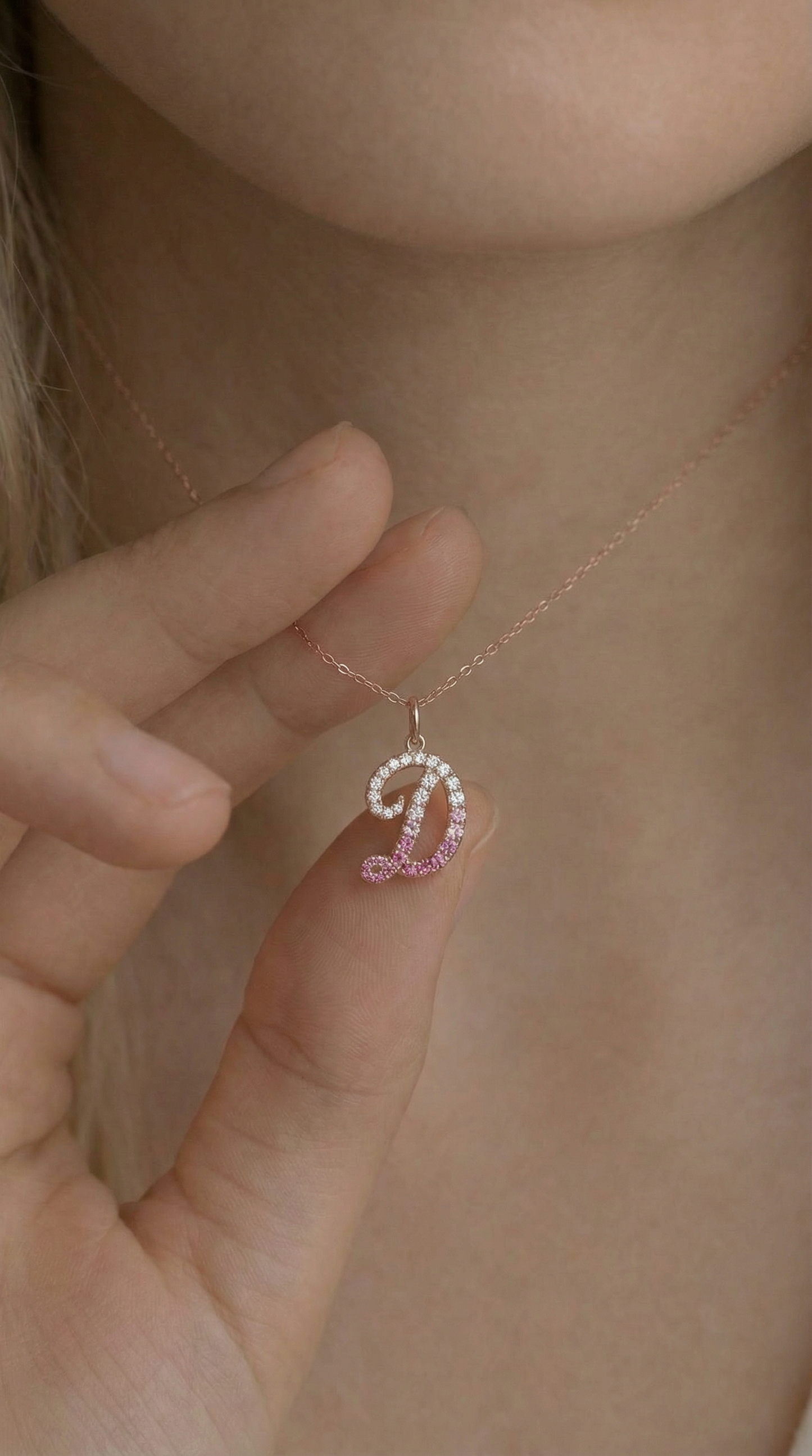 Letter D Orosa Script Initial Pendant— Pink Sapphire & Diamond