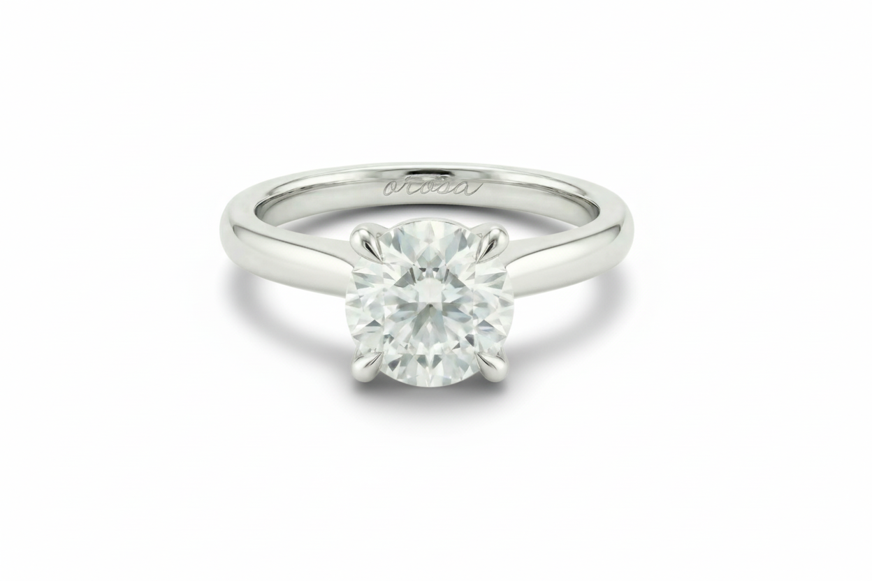 Platinum ring with a diamond on a white background