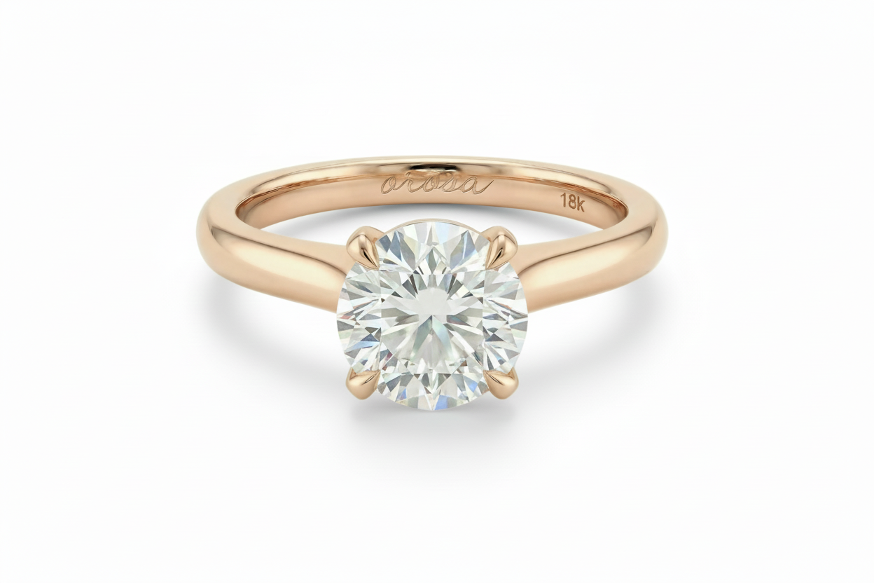 Rose gold ring with a diamond on a white background