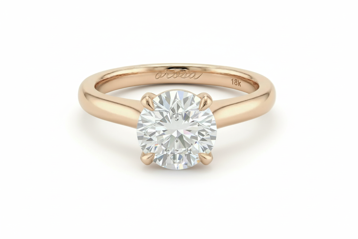 Rose gold ring with a diamond on a white background