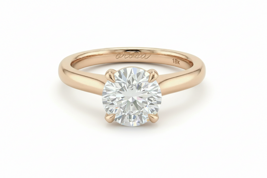 Rose gold ring with a diamond on a white background