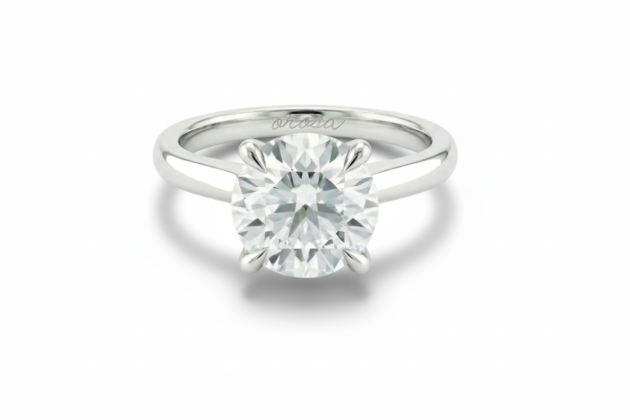 Platinum ring with a large diamond on a white background
