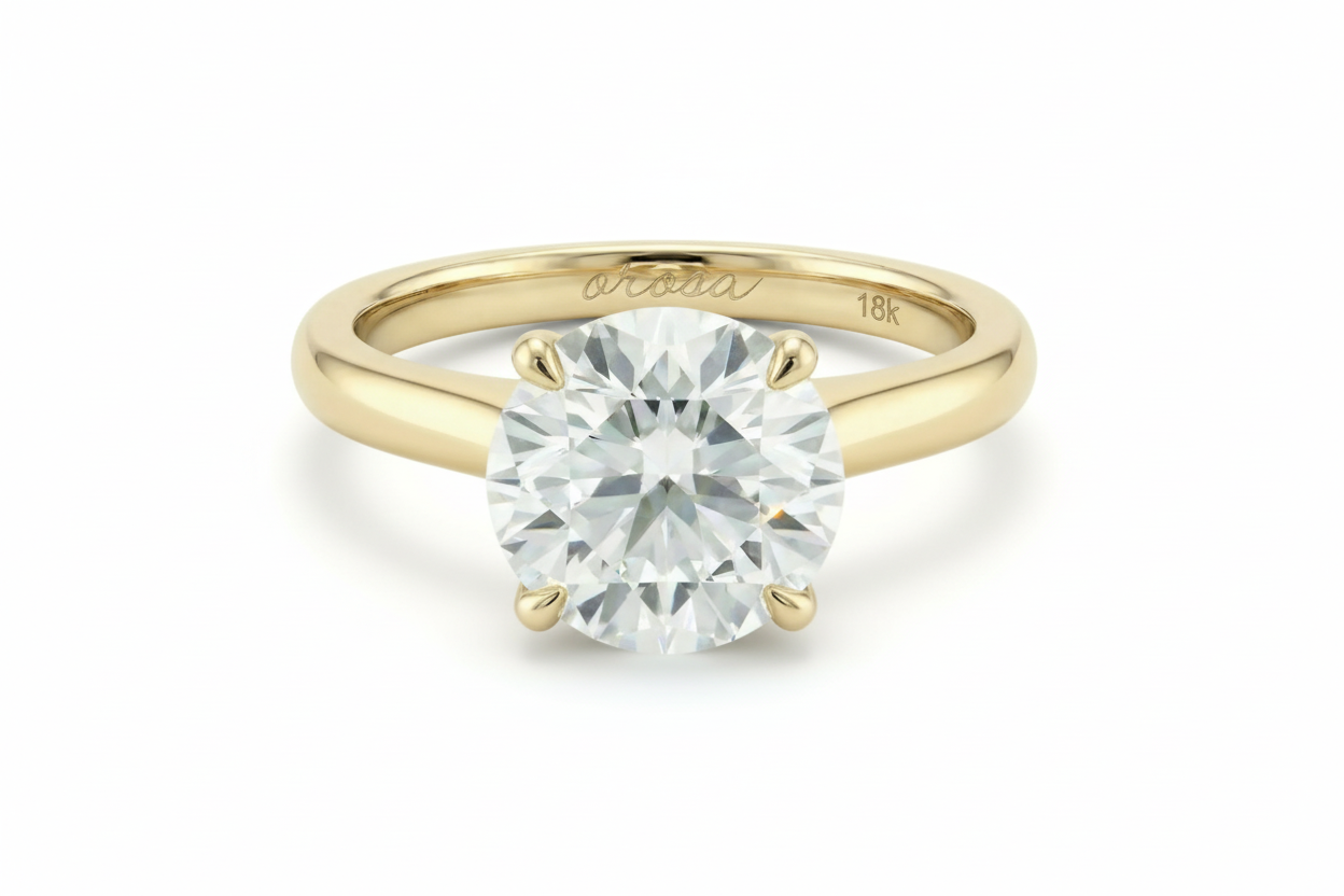 Gold ring with a large diamond on a white background