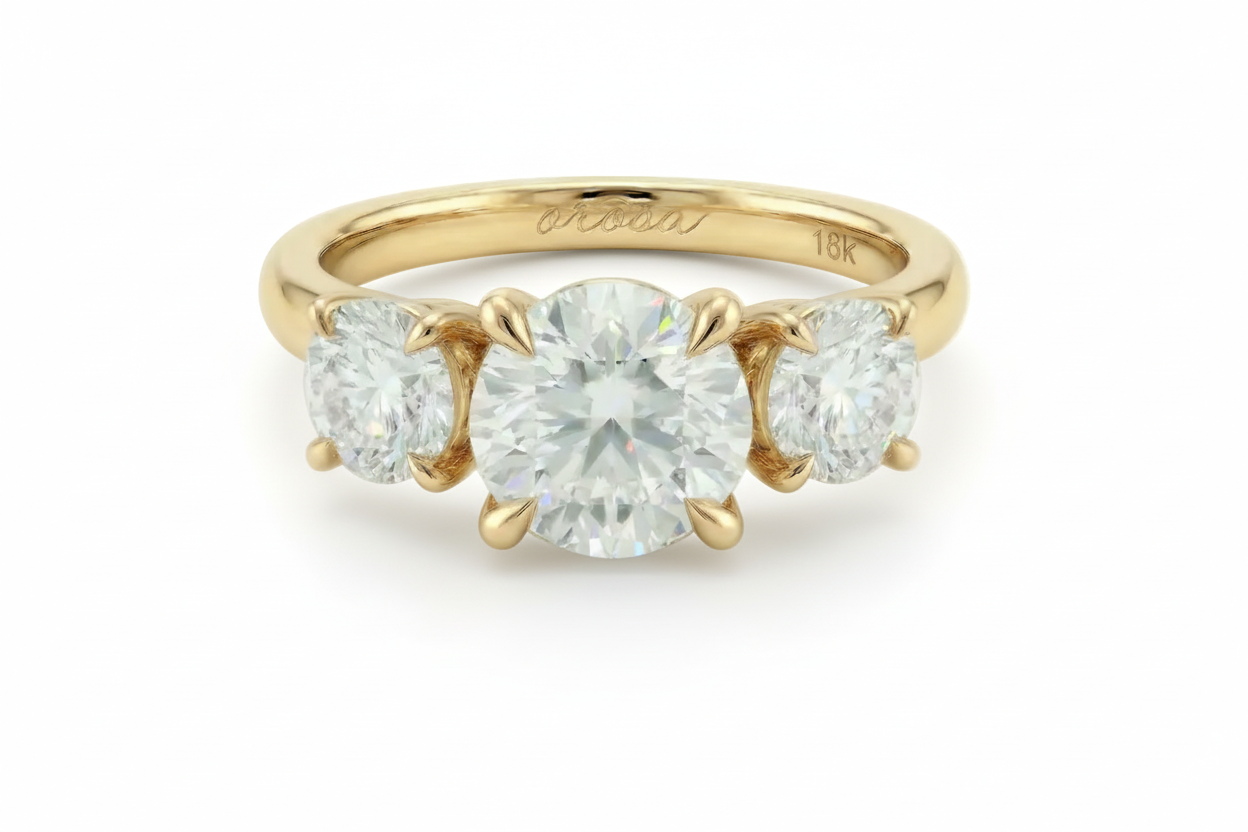 Gold ring with three diamonds on a white background