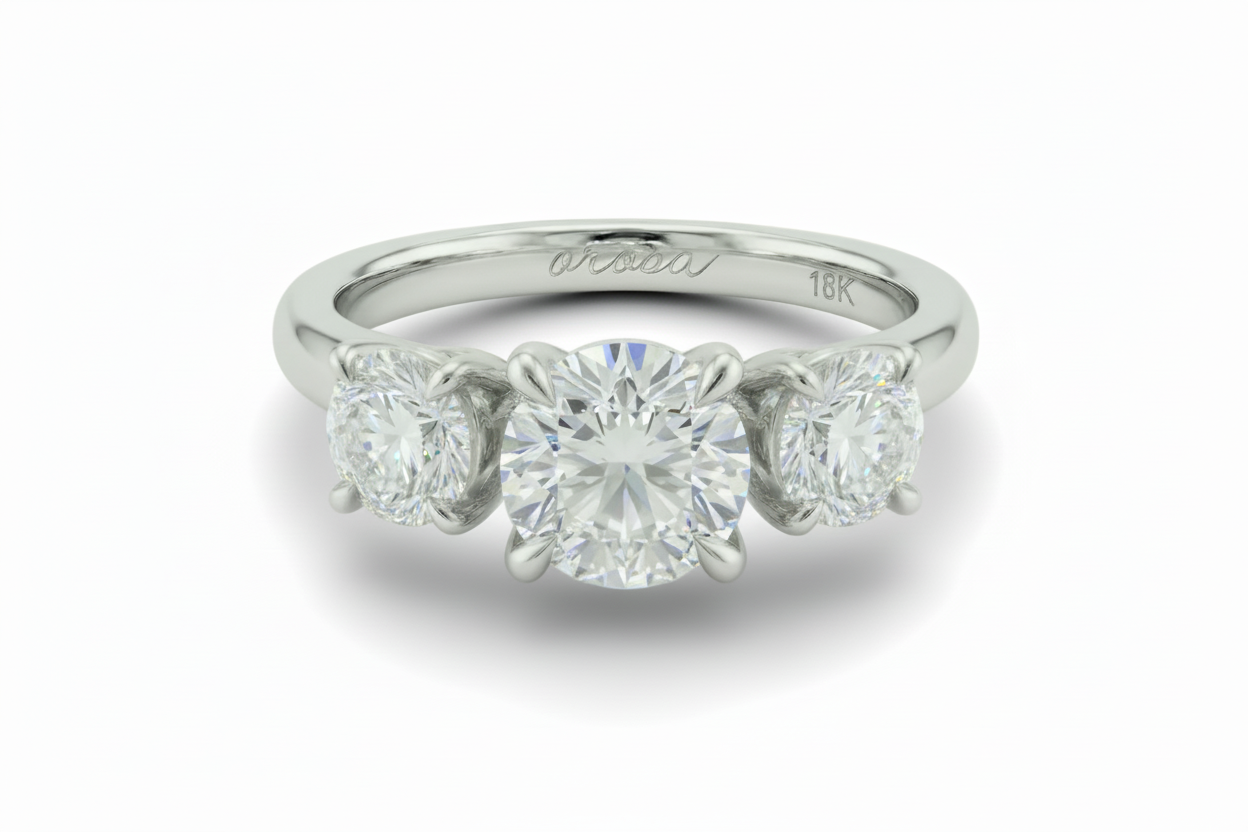 platinum ring with three diamonds on a white background