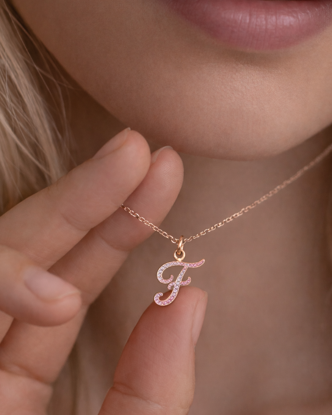 Letter F Orosa Script Initial Pendant — Pink Sapphire & Diamond