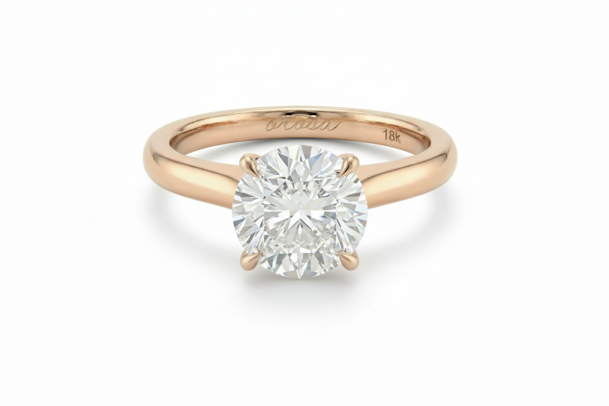 Rose gold ring with a large diamond on a white background