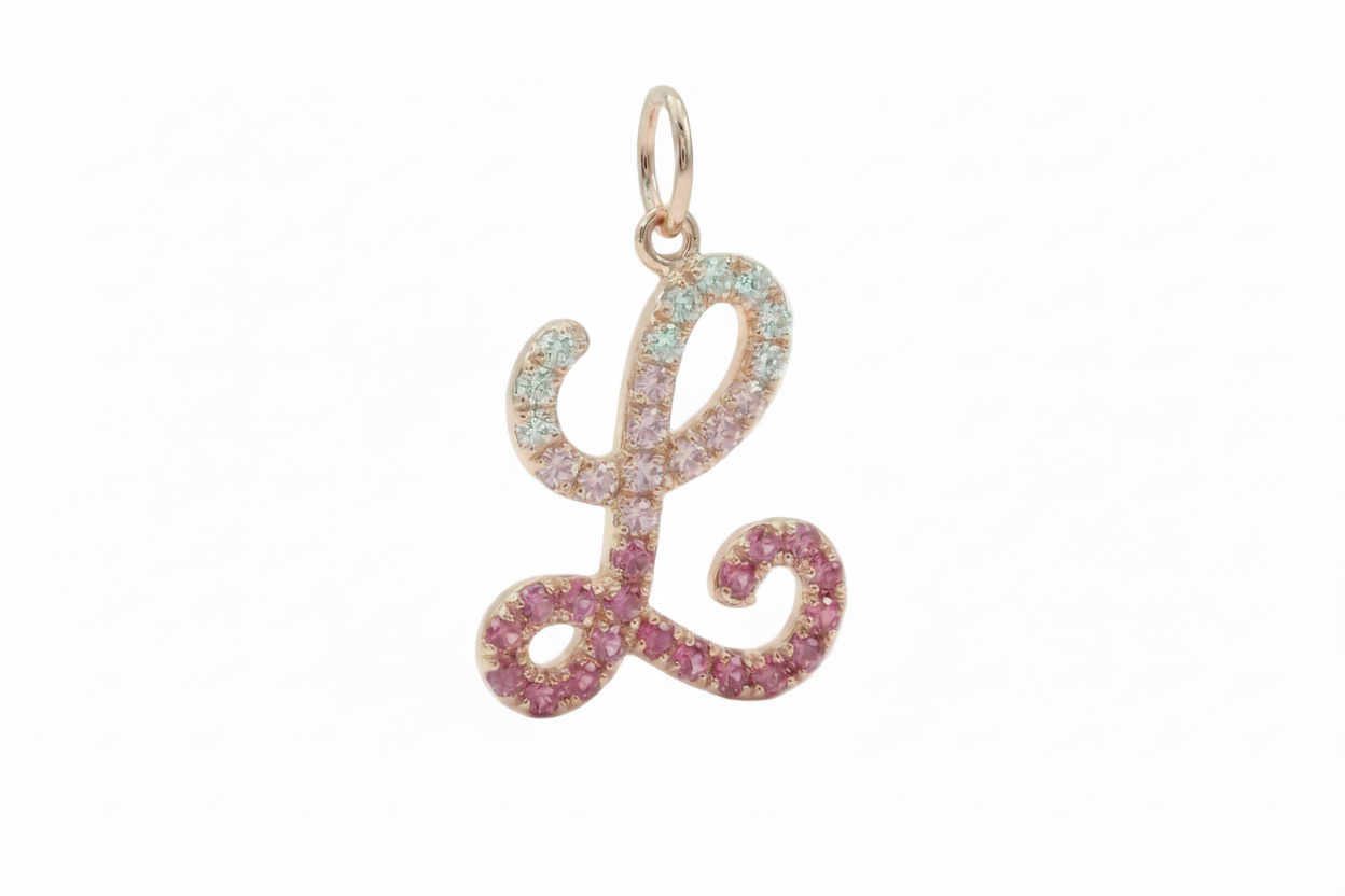 Letter L Orosa Script Initial Pendant — Pink Sapphire & Diamond