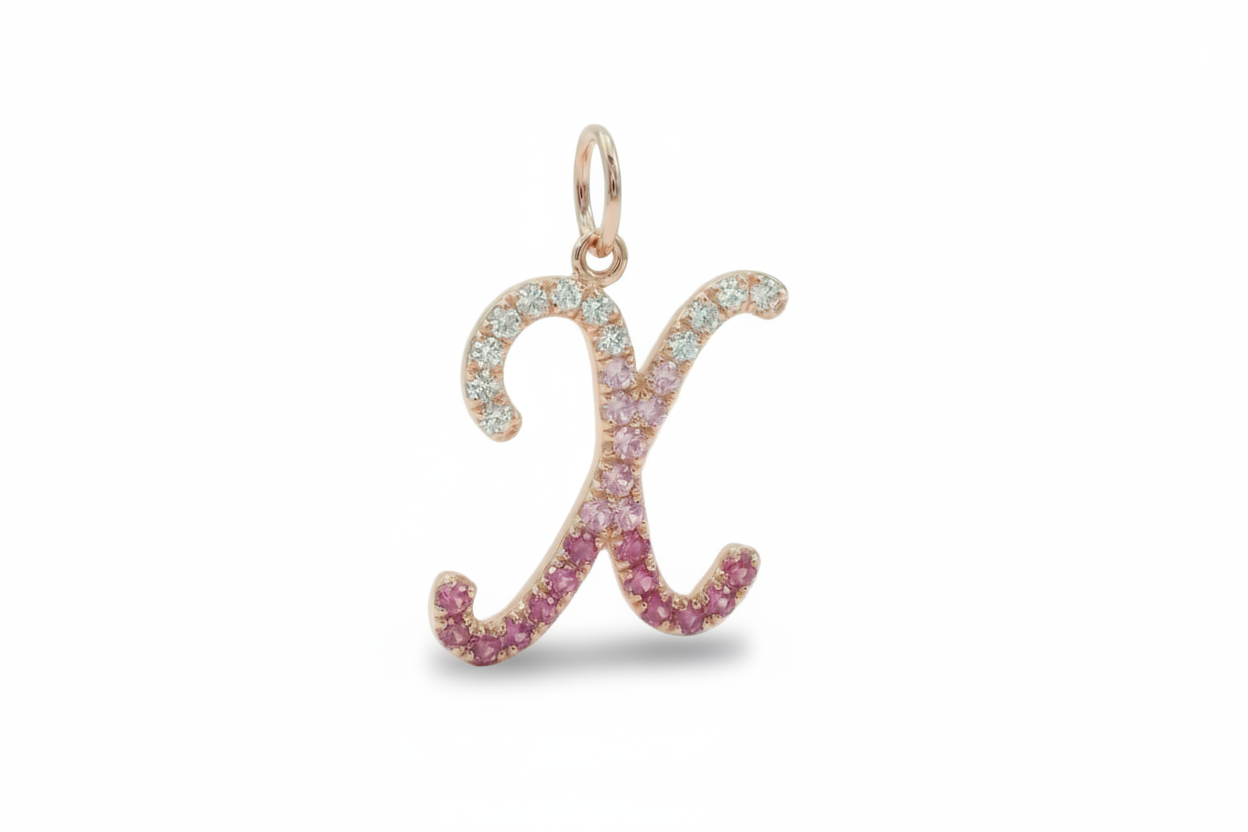 Letter X Orosa Script Initial Pendant — Pink Sapphire & Diamond