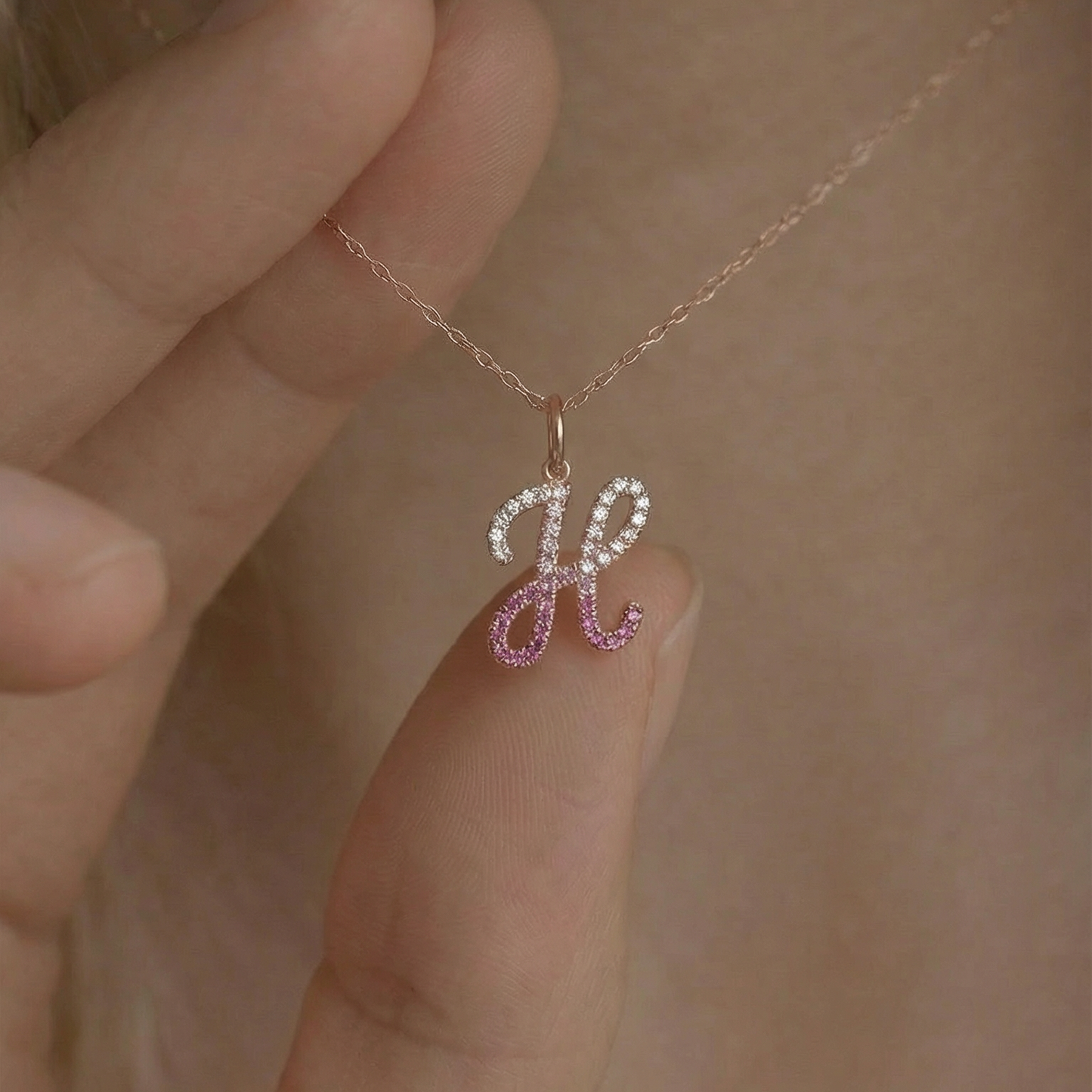Letter H Orosa Script Initial Pendant — Pink Sapphire & Diamond