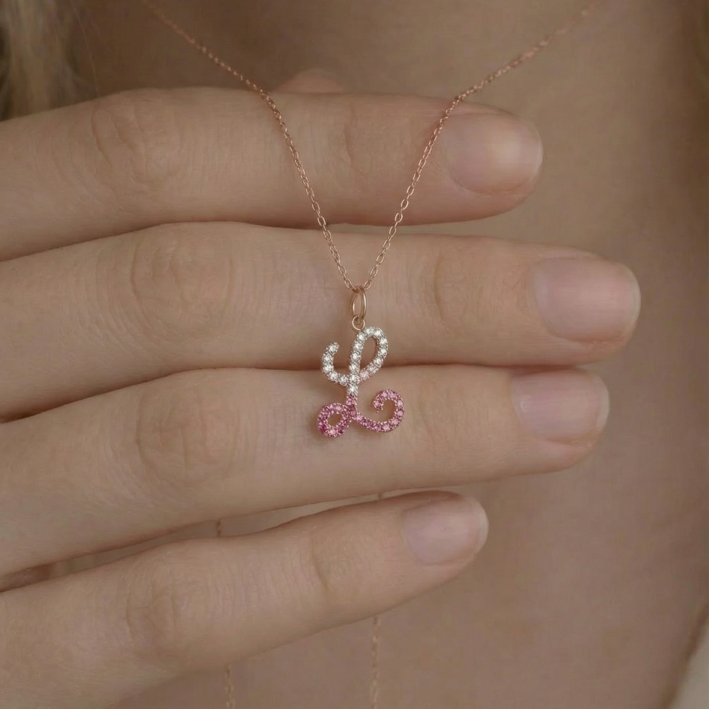 Letter L Orosa Script Initial Pendant — Pink Sapphire & Diamond