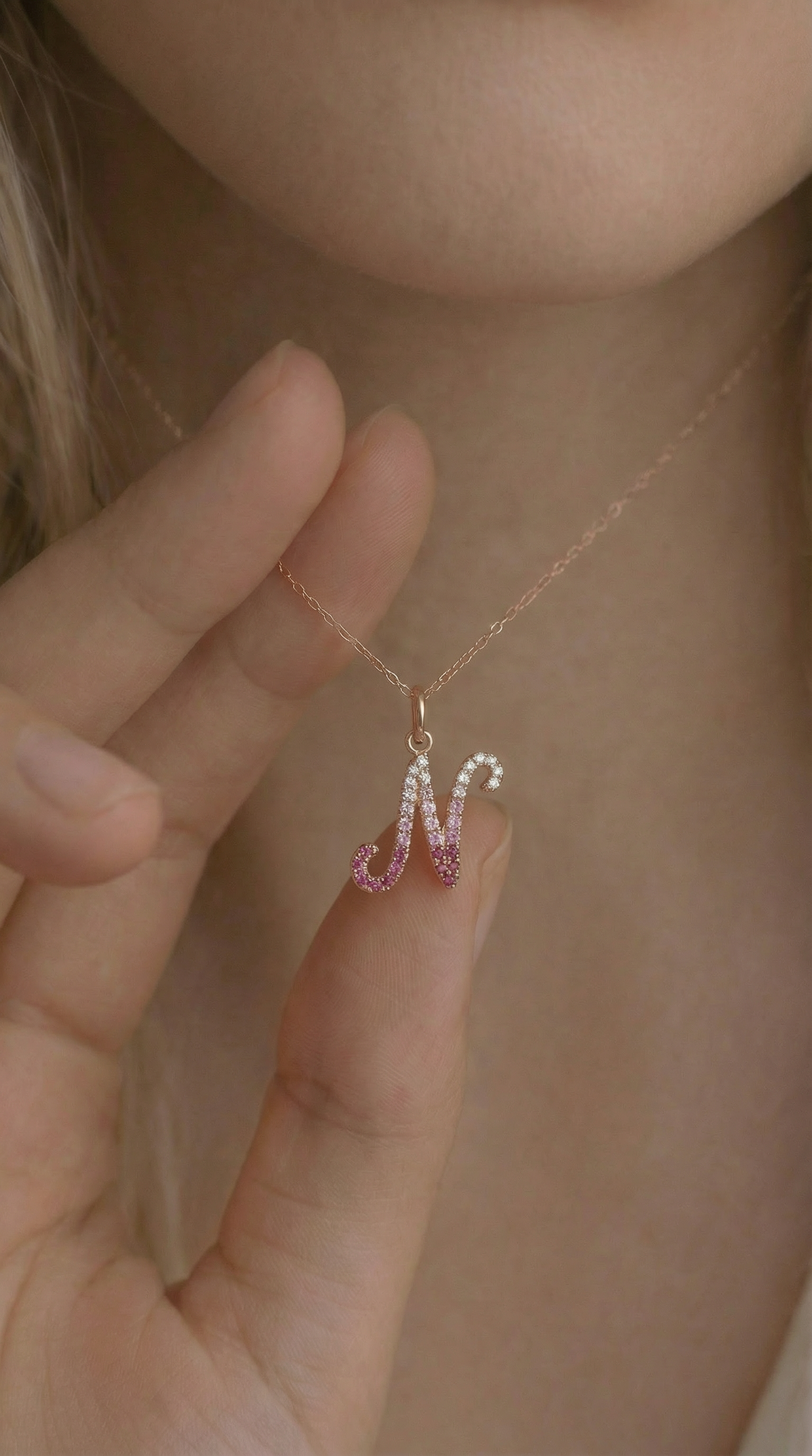 Letter N Orosa Script Initial Pendant — Pink Sapphire & Diamond