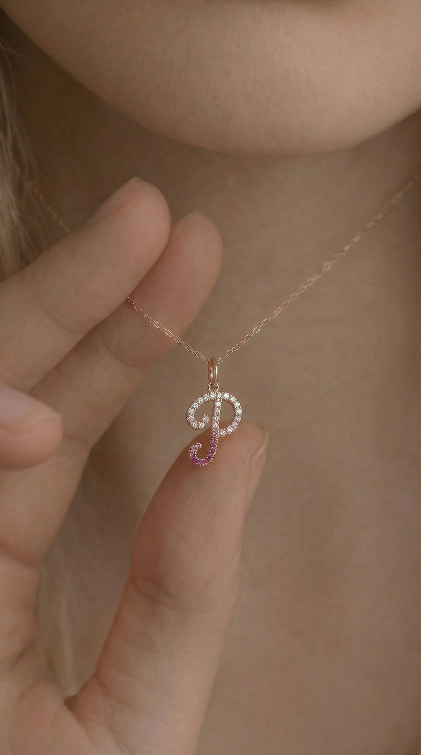 Letter P Orosa Script Initial Pendant — Pink Sapphire & Diamond