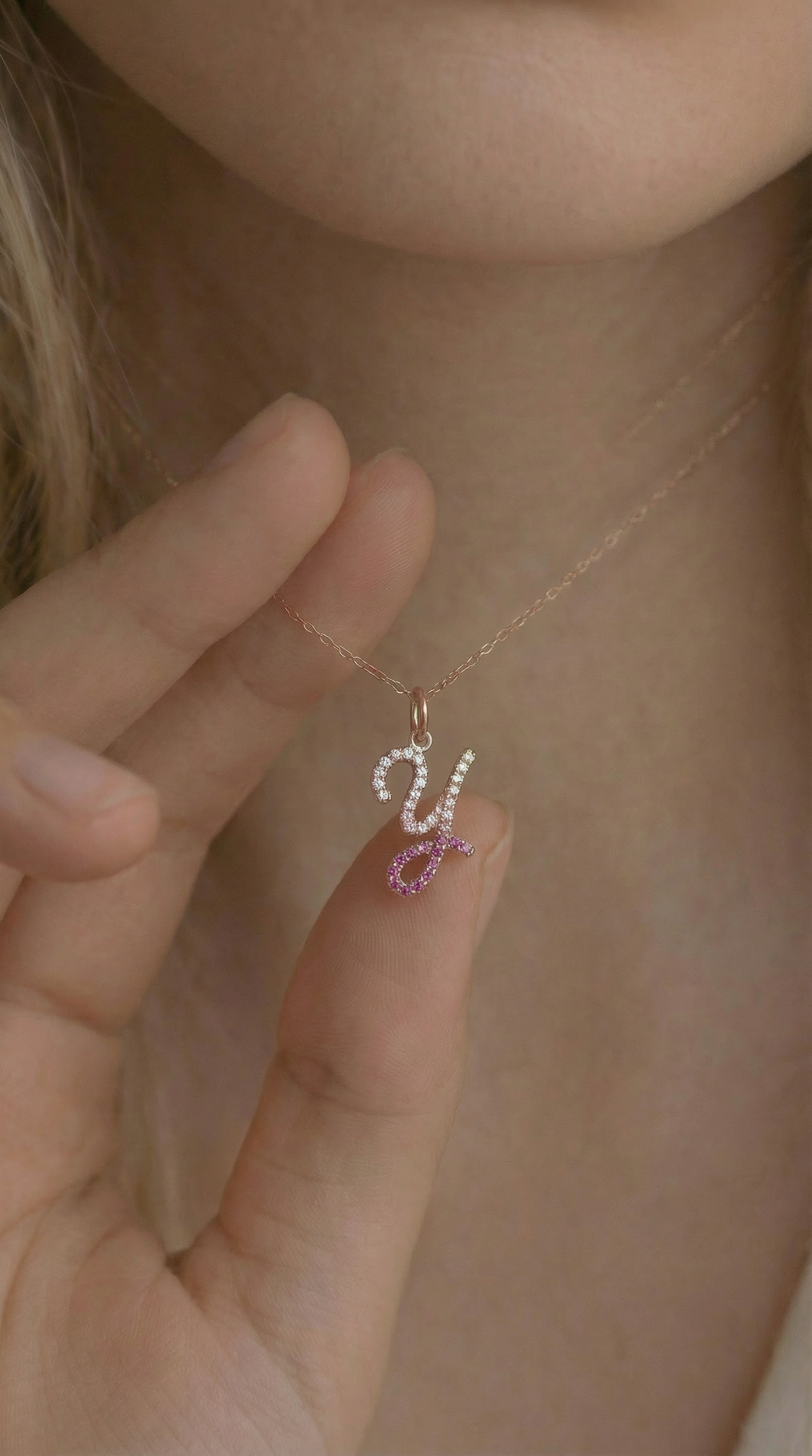 Letter Y Orosa Script Initial Pendant — Pink Sapphire & Diamond