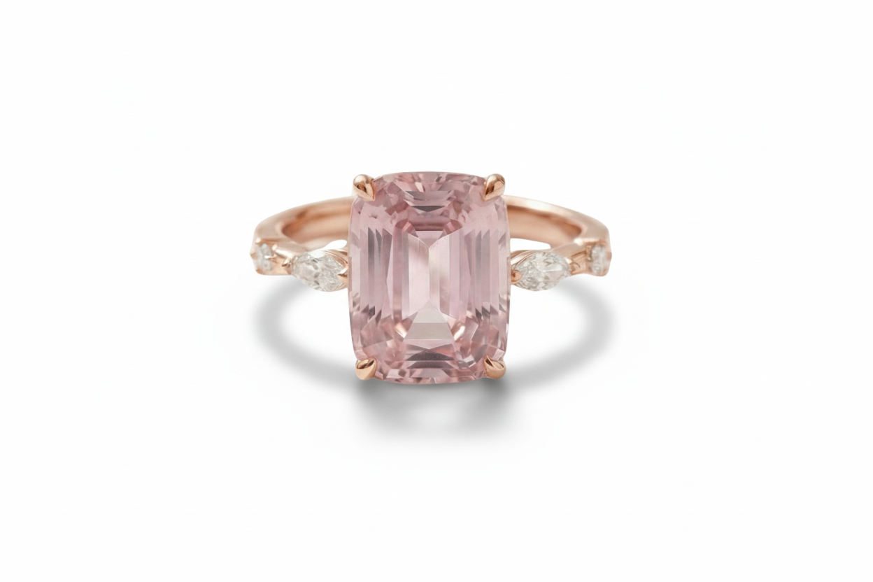 Ring with a pink morganite gemstone and rose gold band on a white background
