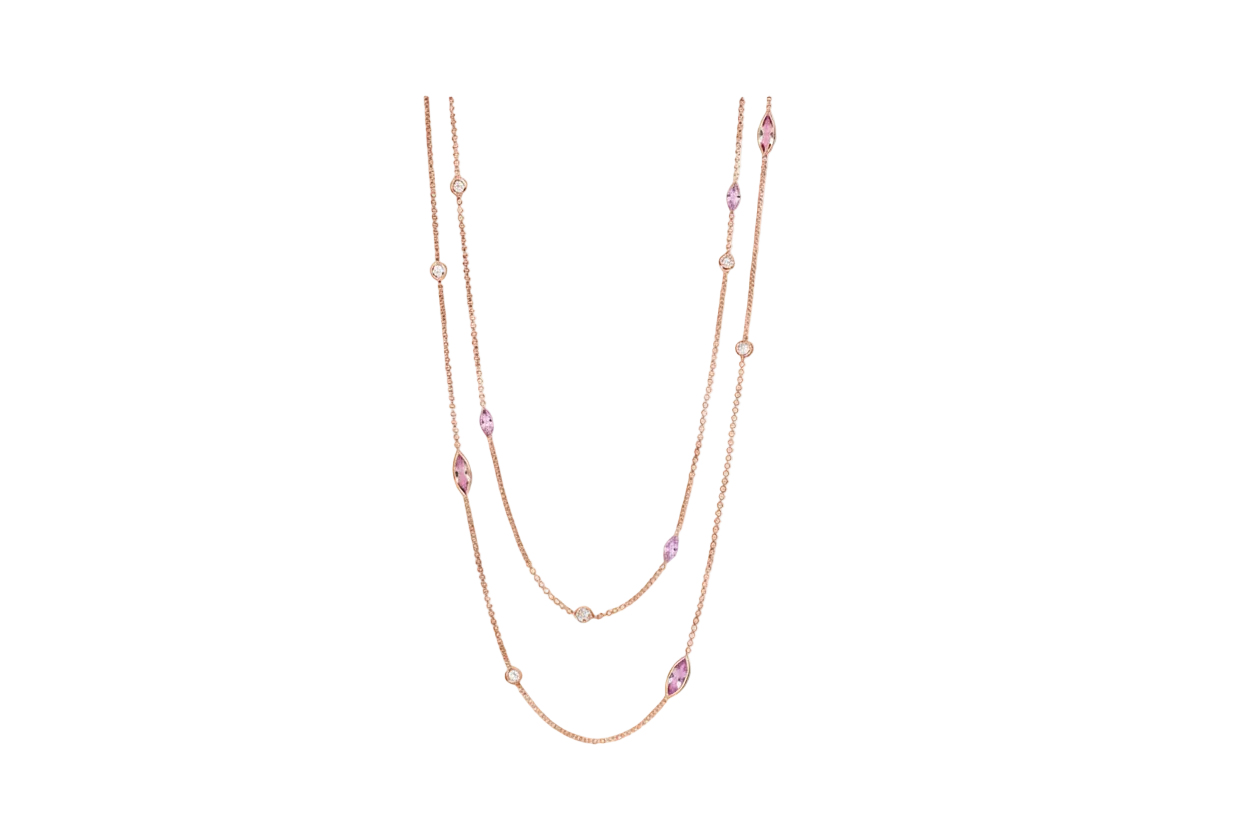 Two layered necklaces with pink gemstones on a white background