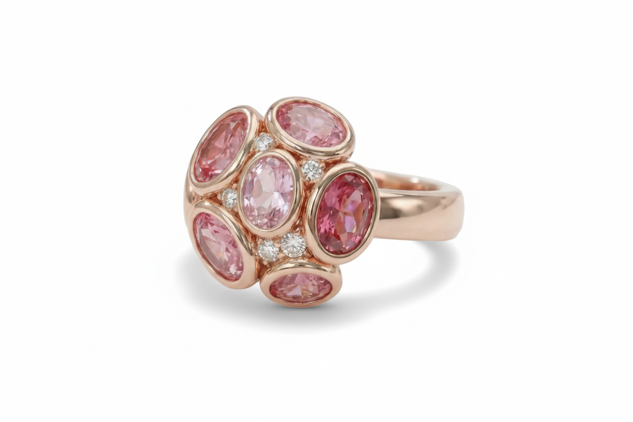 Ring with pink gemstones and rose gold band on a light background