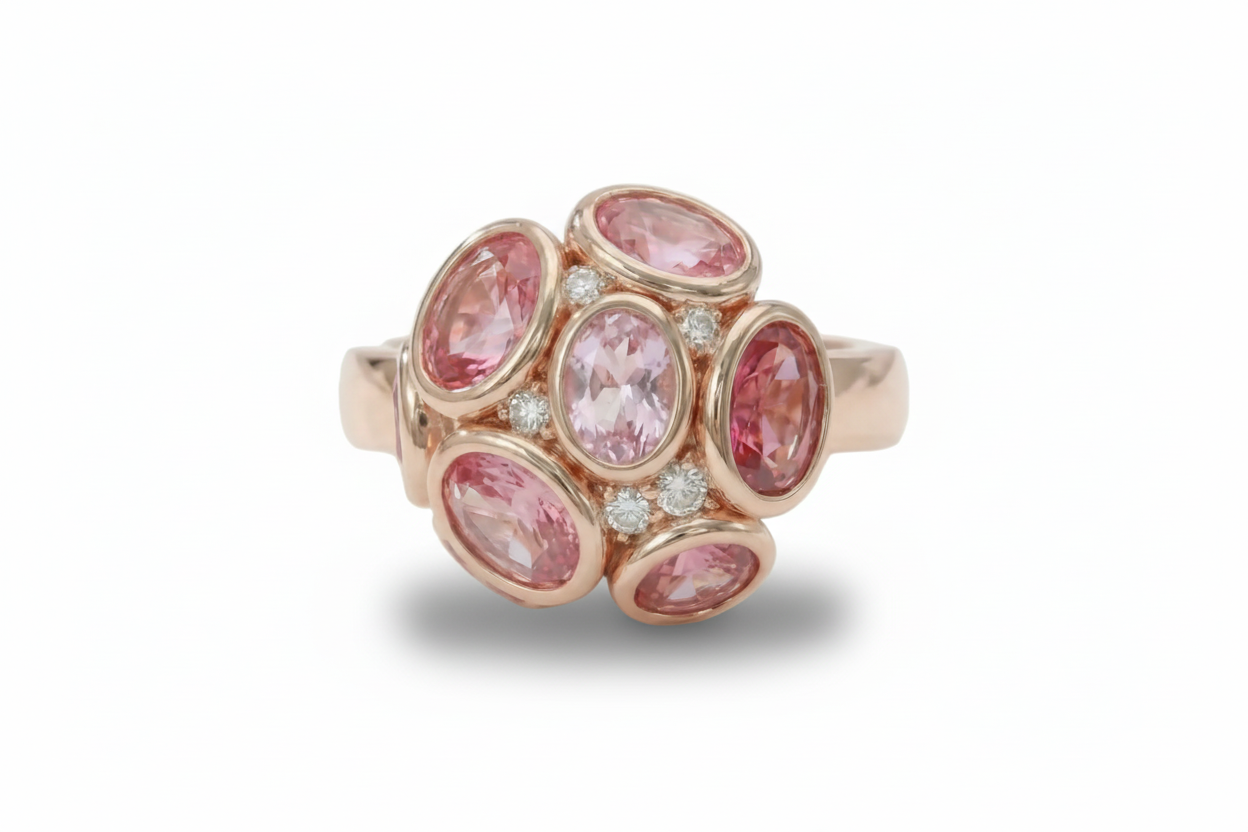 Ring with pink gemstones and rose gold setting on a light background
